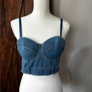 Women's Bustier Crop Top Distressed Denim Corset Bra Top Detachable Straps - M